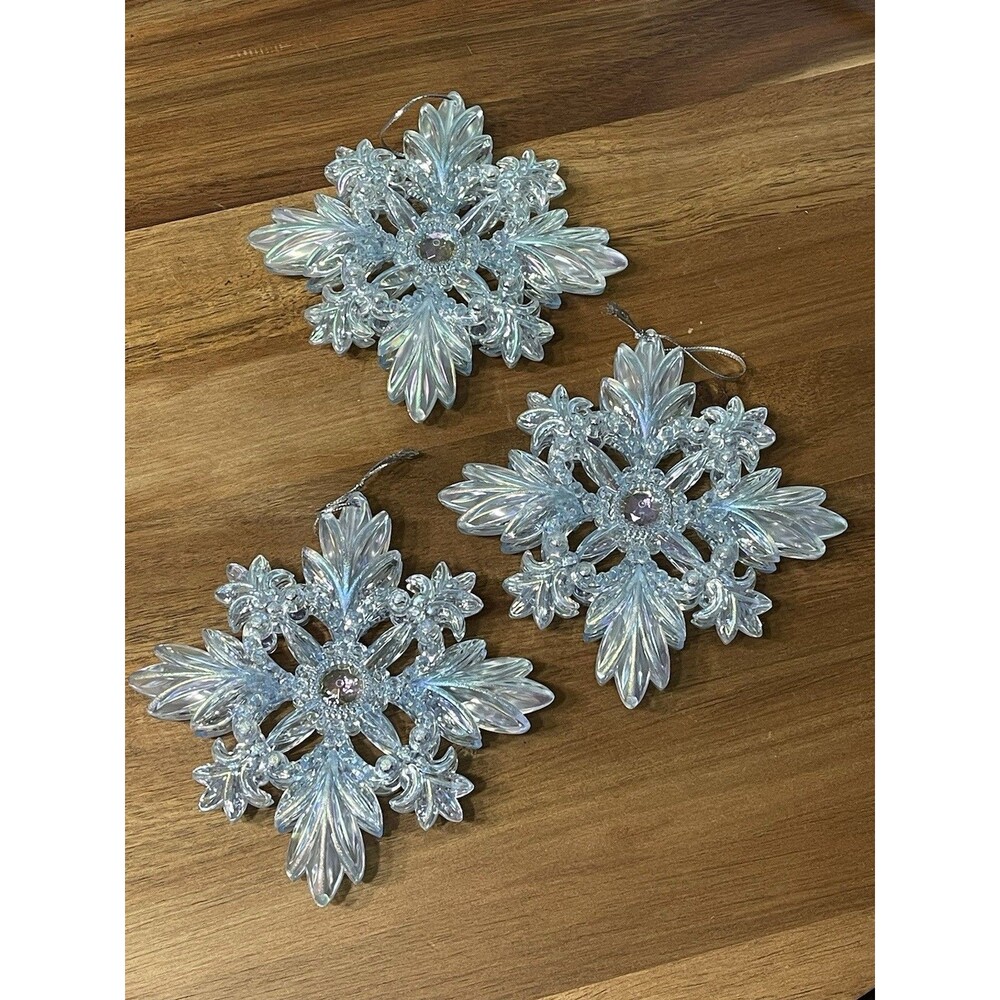 Set Of 3 Light Blue Iridescent Icy Snowflake 3D Christmas Plastic Ornaments 5in